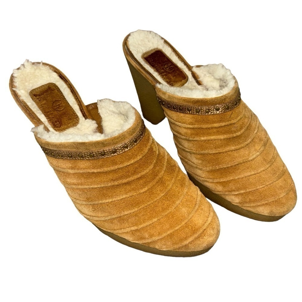 Cole Haan Sherpa Lined Suede Heeled Mules Clogs Women’s 7.5 Cozy Winter Hippie